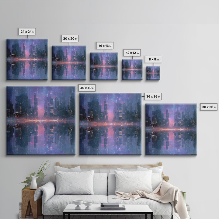 Monochrome City Skyline Reflected Framed Canvas Print, Black and White Art, Living Room Decor, Abstract Art, Monochrome, BAW-1x1-11