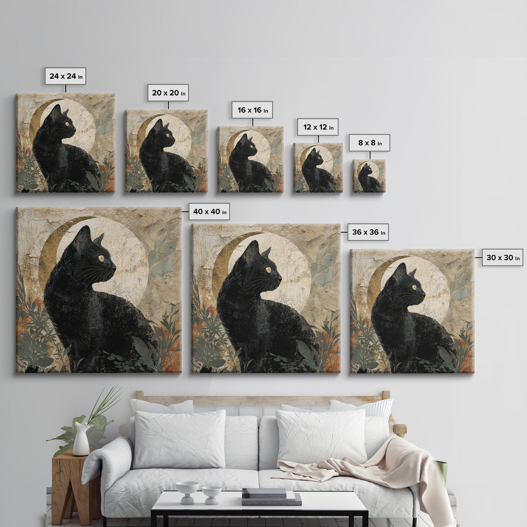 Black Cat Silhouette Framed Canvas Print, Black and White Art, Abstract Art, Living Room Decor, Watercolor Art, Monochrome, BAW-1x1-16