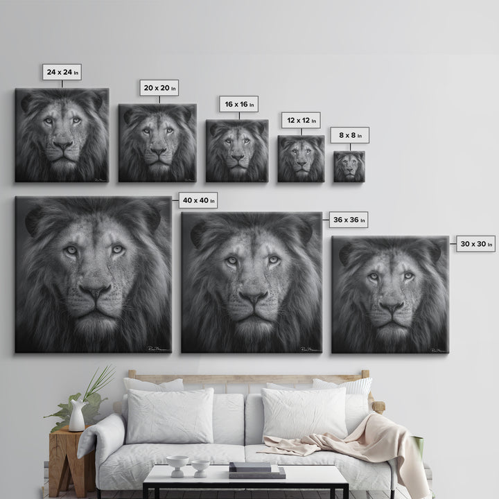 Dramatic Black and White Lion Portrait Canvas Print, Black and White Art, Gallery Decor, Living Room Decor, Monochrome, BAW-1x1-17