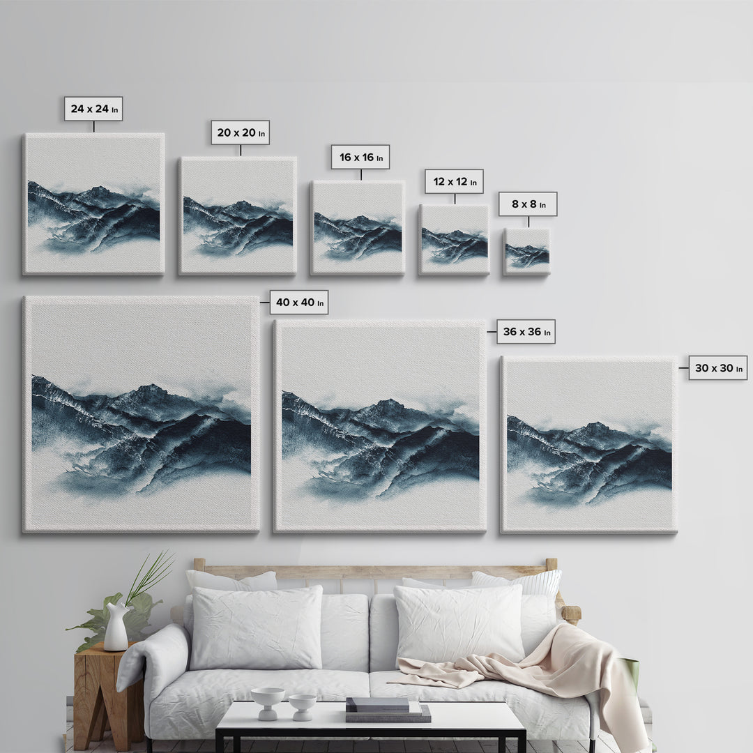 Black Ink Mountain Range Framed Canvas Print, Black and White Art, Canvas Print, Living Room Decor, Oil Painting, Monochrome, BAW-1x1-2