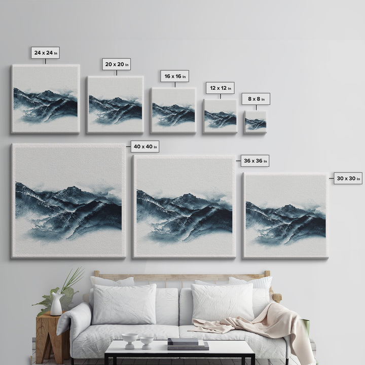 Black Ink Mountain Range Framed Canvas Print, Black and White Art, Canvas Print, Living Room Decor, Oil Painting, Monochrome, BAW-1x1-2