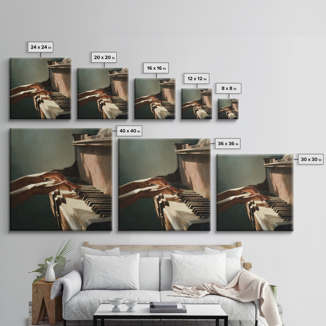 Piano Keys and Hands Canvas Print, Black and White Art, Modern Wall Art, Living Room Decor, Oil Painting, Monochrome, BAW-1x1-22