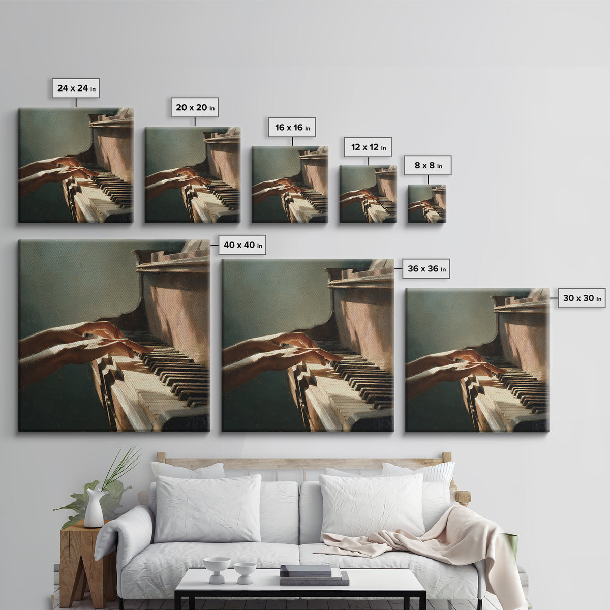 Piano Keys and Hands Canvas Print, Black and White Art, Modern Wall Art, Living Room Decor, Oil Painting, Monochrome, BAW-1x1-22