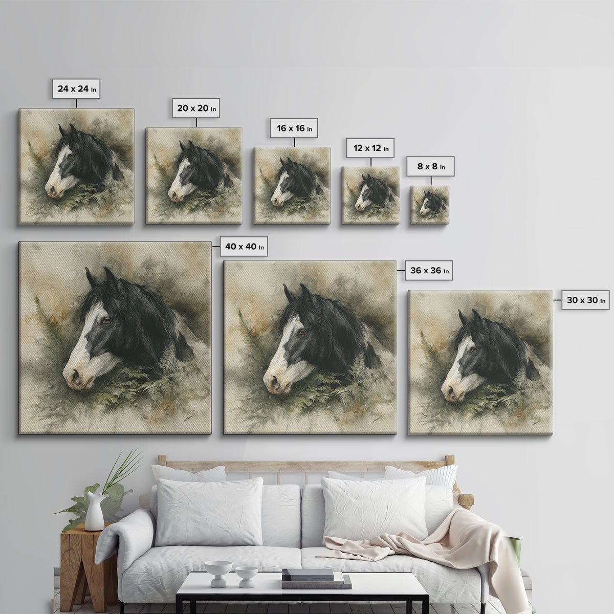 Black and White Wild Horse Portrait Framed Canvas Print, Black and White Art, Textured Painting, Living Room Decor, Monochrome, BAW-1x1-29