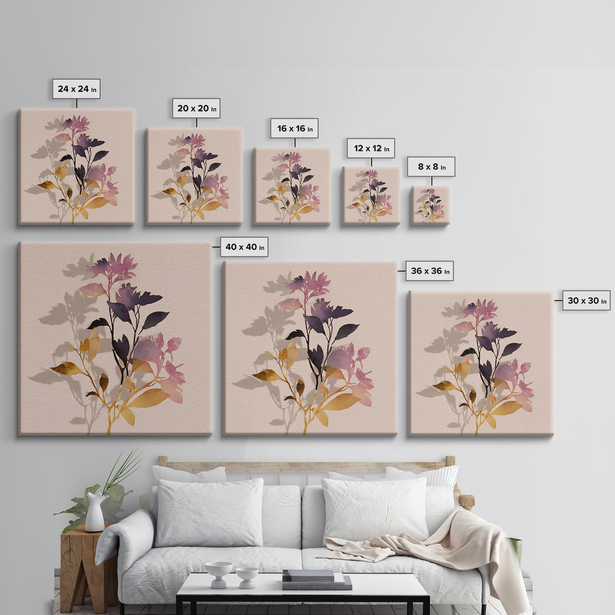Minimal Botanical Branch Canvas Print, Black and White Art, Modern Art, Living Room Decor, Watercolor Art, Monochrome, BAW-1x1-30