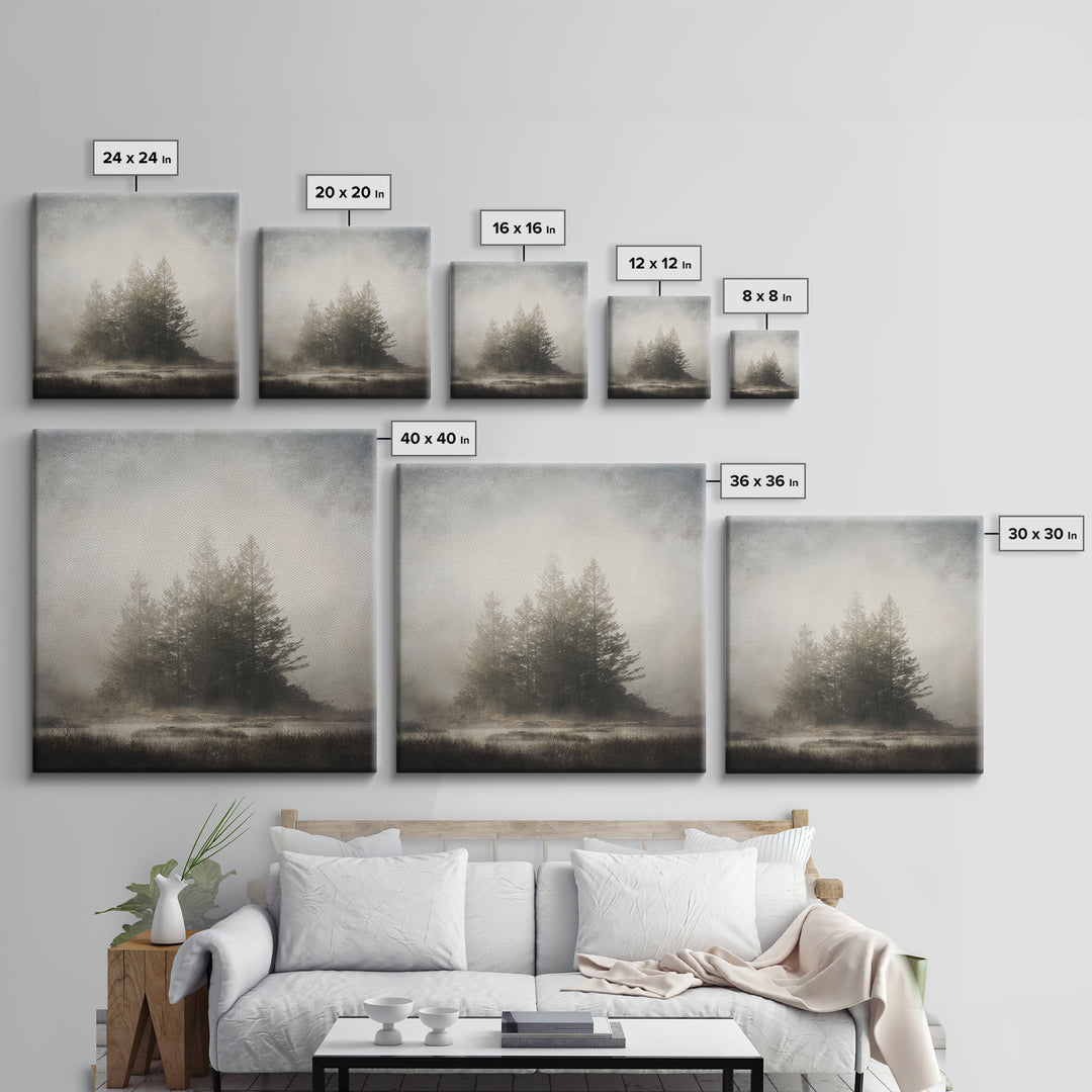 Moody Foggy Forest Canvas Print, Black and White Art, Printable Art, Living Room Decor, Fine Art, Monochrome, Gallery Decor, BAW-1x1-31