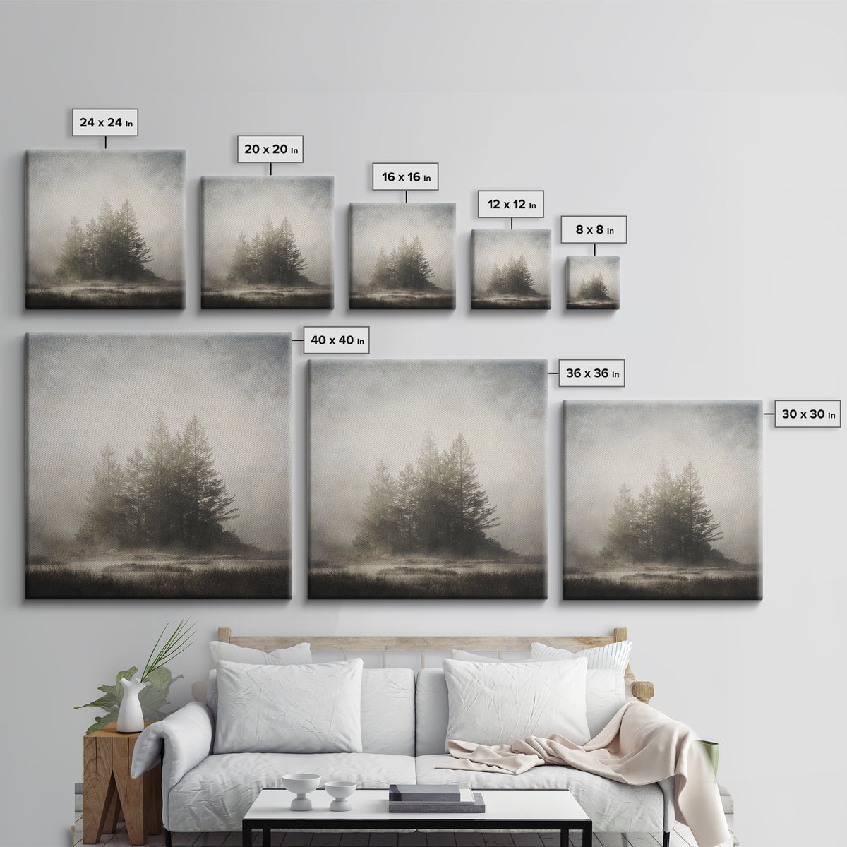 Moody Foggy Forest Canvas Print, Black and White Art, Printable Art, Living Room Decor, Fine Art, Monochrome, Gallery Decor, BAW-1x1-31