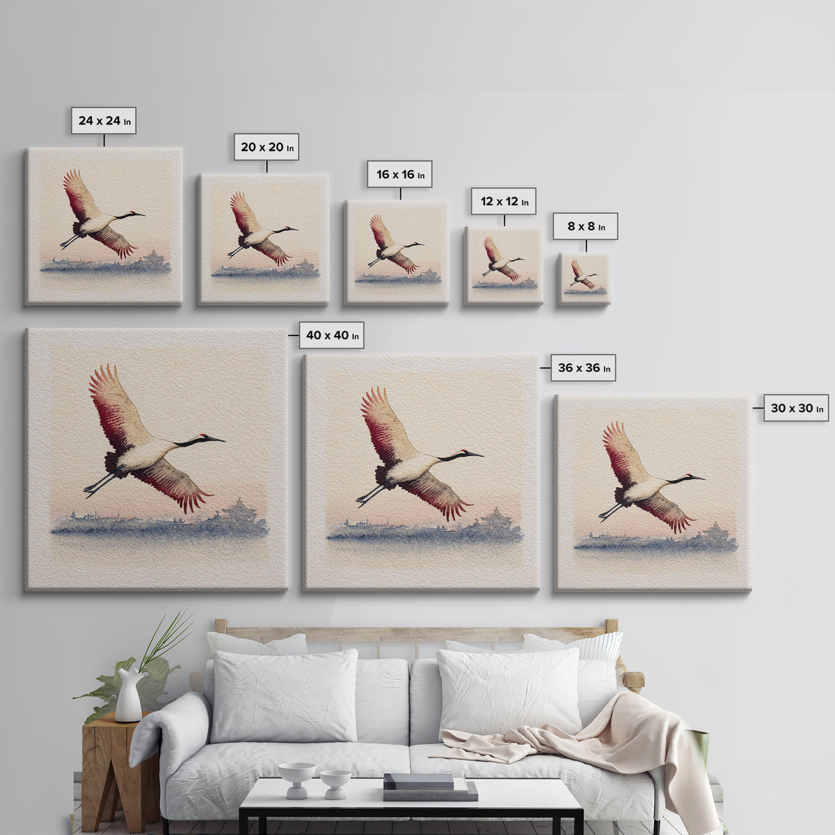 Black Ink Crane Flying Across Empty Sky Canvas Print, Black and White Art, Boho Decor, Living Room Decor, Monochrome, BAW-1x1-37