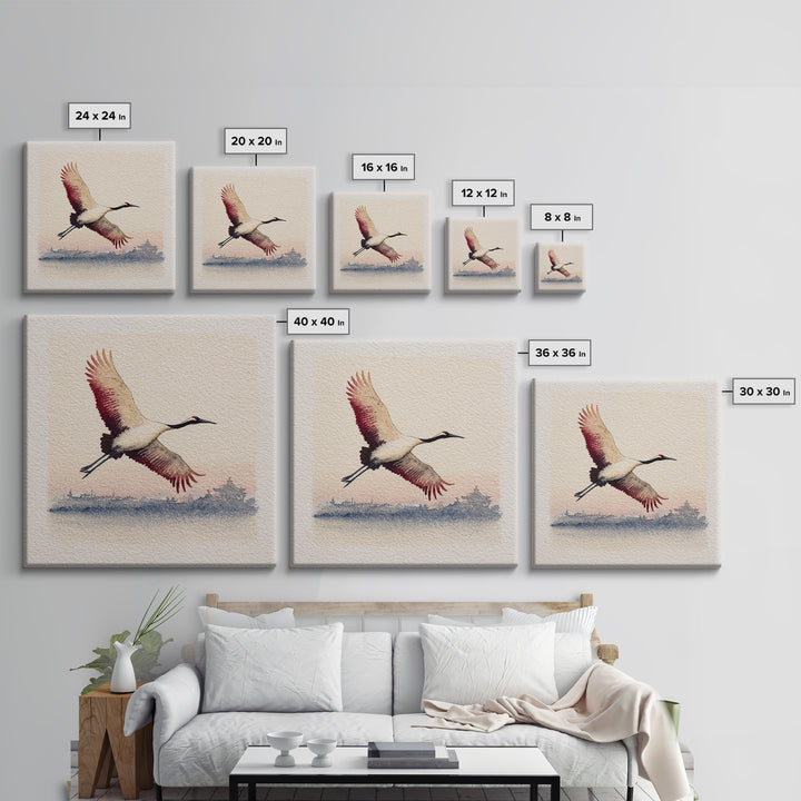 Black Ink Crane Flying Across Empty Sky Canvas Print, Black and White Art, Boho Decor, Living Room Decor, Monochrome, BAW-1x1-37