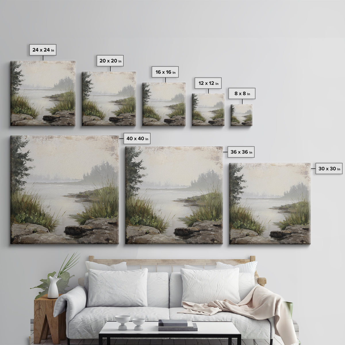 Misty Bridge Landscape Framed Canvas Print, Black and White Art, Modern Wall Art, Living Room Decor, Fine Art, Monochrome, BAW-1x1-43