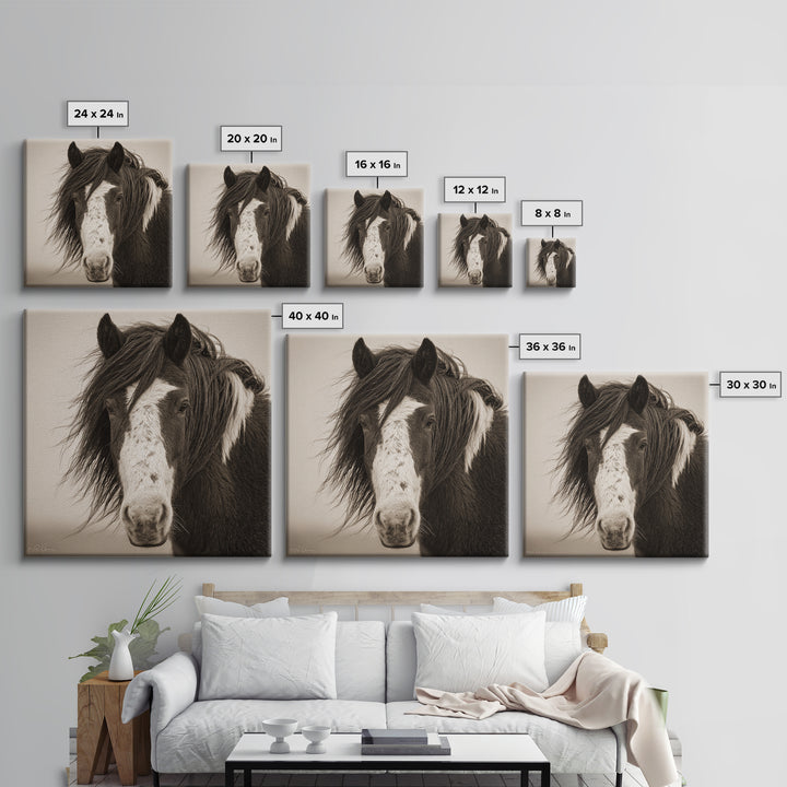 Black and White Wild Horse Portrait Framed Canvas Print, Black and White Art, Textured Painting, Living Room Decor, Monochrome, BAW-1x1-53