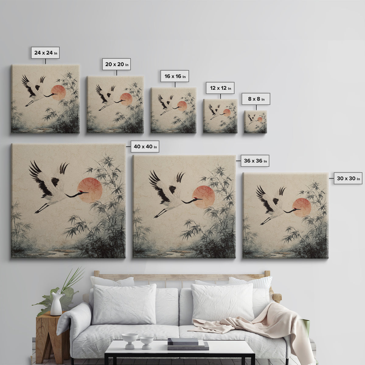 Black Ink Crane Flying Across Empty Sky Canvas Print, Black and White Art, Boho Decor, Living Room Decor, Monochrome, BAW-1x1-61