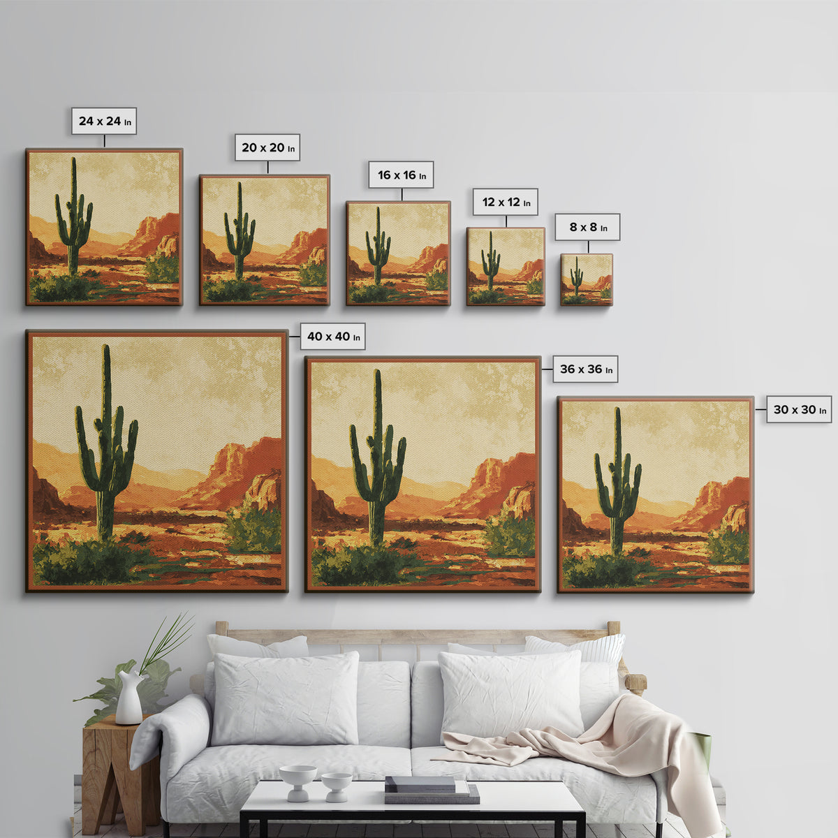 Monochrome Desert Cactus Silhouette Canvas Print, Black and White Art, Luxury Decor, Living Room Decor, Fine Art, Monochrome, BAW-1x1-69