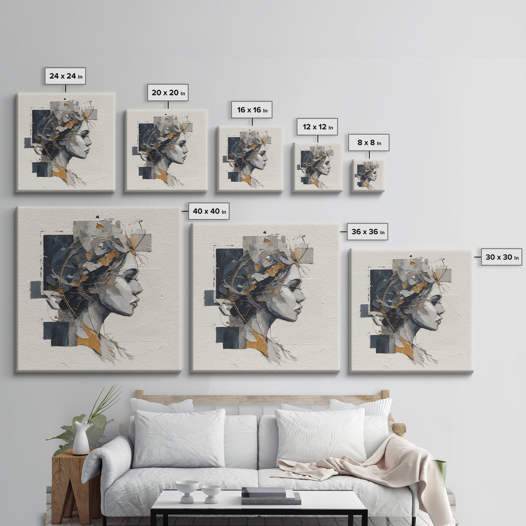 Monochrome Female Profile Framed Canvas Print, Black and White Art, Home Decor, Living Room Decor, Abstract Art, Monochrome, BAW-1x1-73
