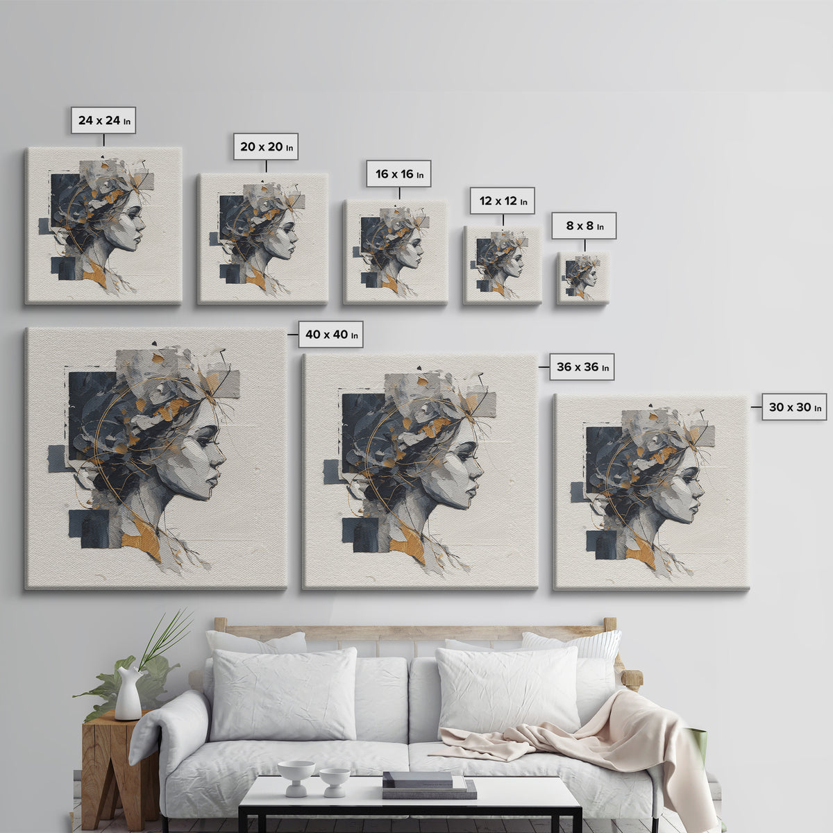Monochrome Female Profile Framed Canvas Print, Black and White Art, Home Decor, Living Room Decor, Abstract Art, Monochrome, BAW-1x1-73