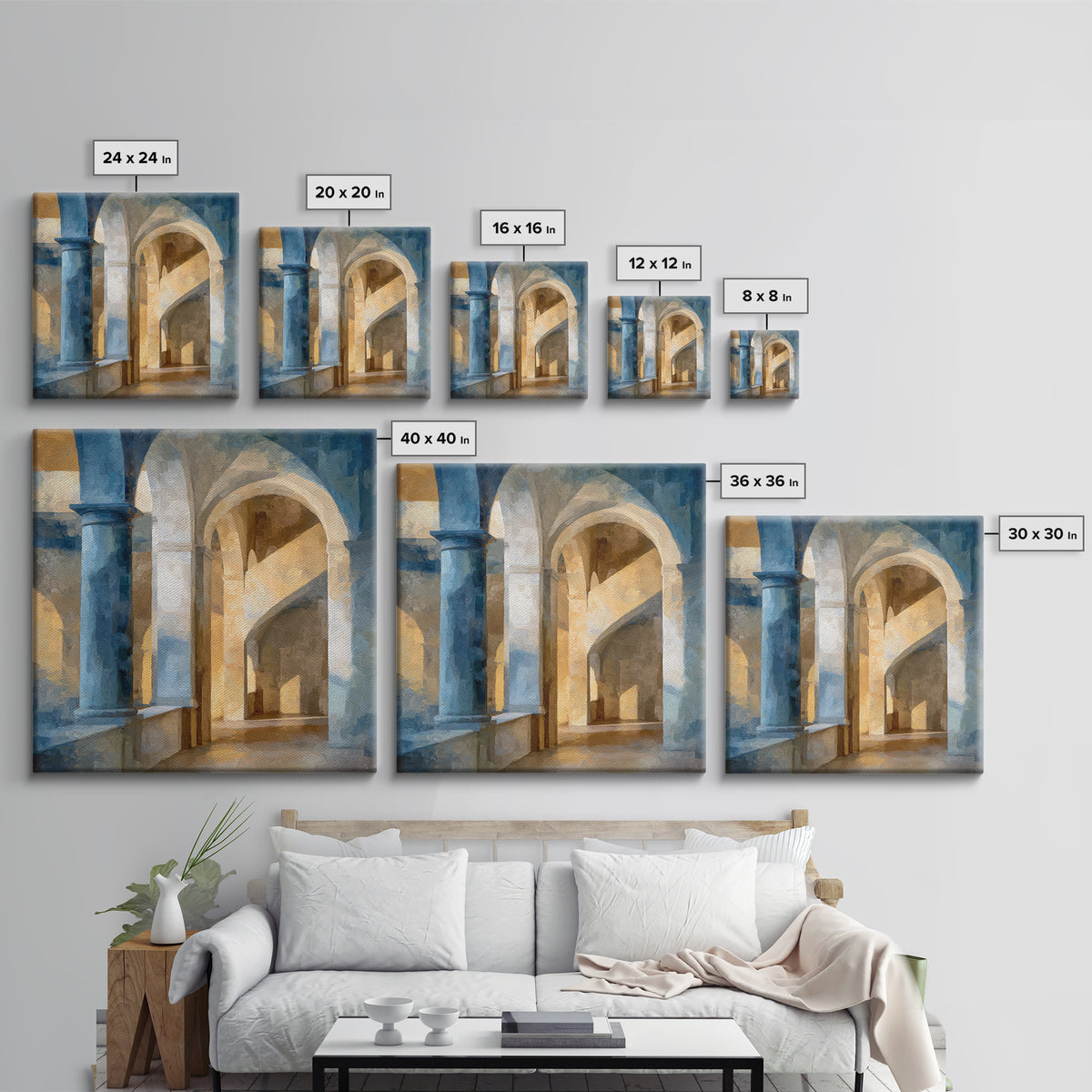 High Contrast Architectural Arches and Shadows Canvas Print, Black and White Art, Statement Artwork, Living Room Decor, BAW-1x1-75