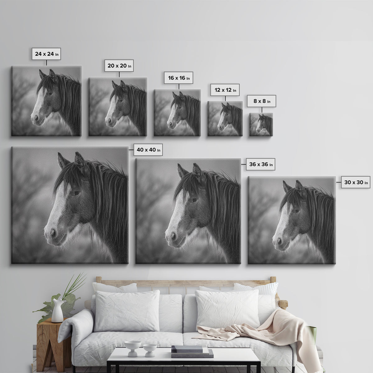Black and White Wild Horse Portrait Canvas Print, Black and White Art, Art, Living Room Decor, Monochrome, Original Art, BAW-1x1-77