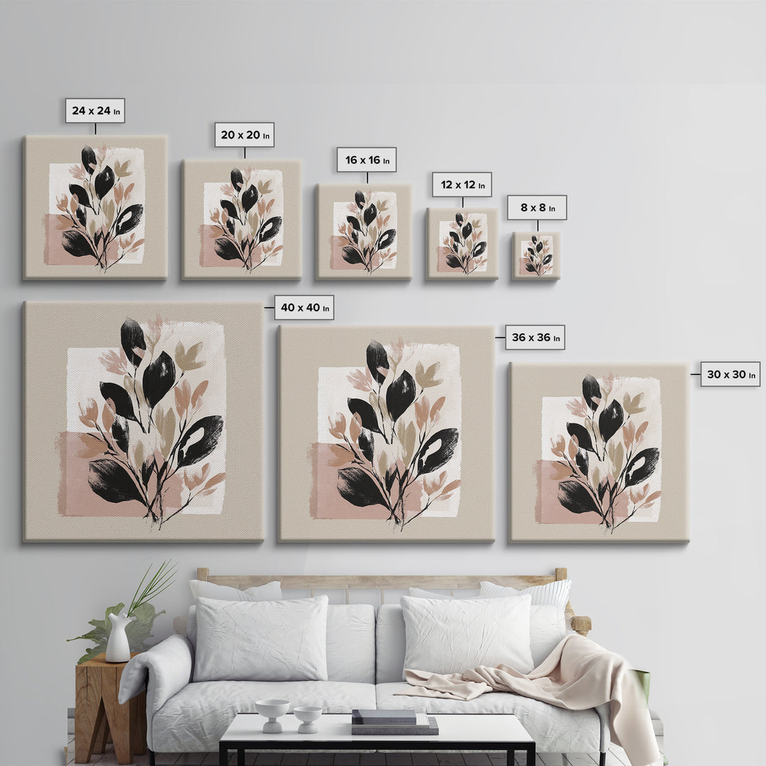 Minimal Botanical Branch Framed Canvas Print, Black and White Art, Statement Artwork, Living Room Decor, Fine Art, Monochrome, BAW-1x1-78