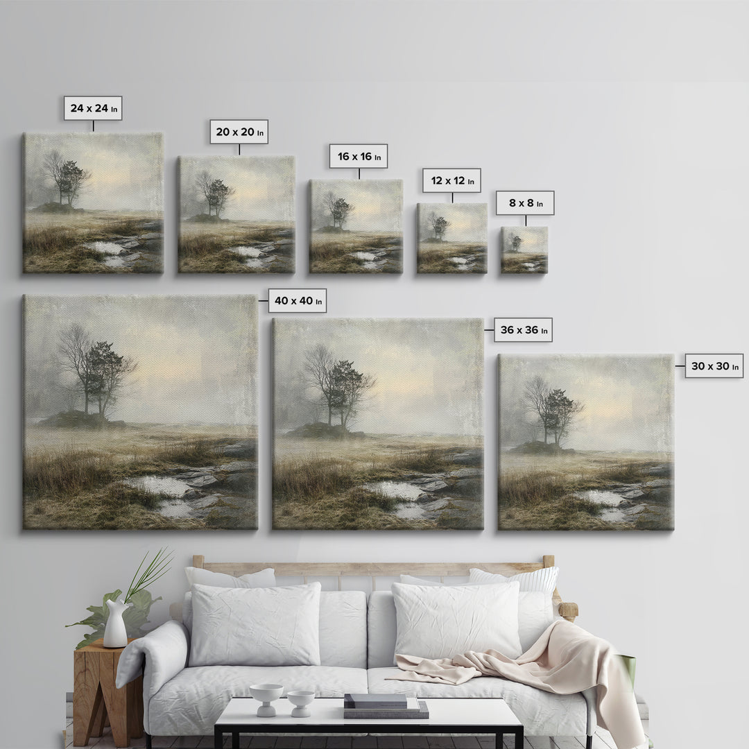 Moody Foggy Forest Framed Canvas Print, Black and White Art, Boho Decor, Living Room Decor, Monochrome, Halloween Decor, BAW-1x1-79