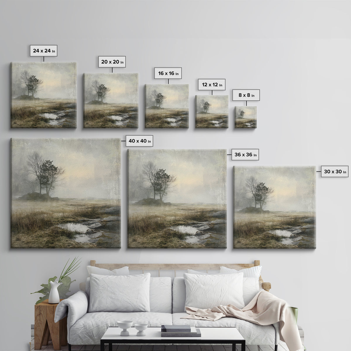 Moody Foggy Forest Framed Canvas Print, Black and White Art, Boho Decor, Living Room Decor, Monochrome, Halloween Decor, BAW-1x1-79
