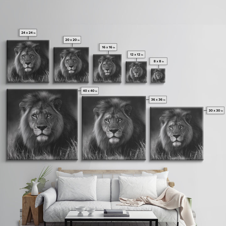 Dramatic Black and White Lion Portrait Canvas Print, Black and White Art, Contemporary Art, Living Room Decor, Monochrome, BAW-1x1-89