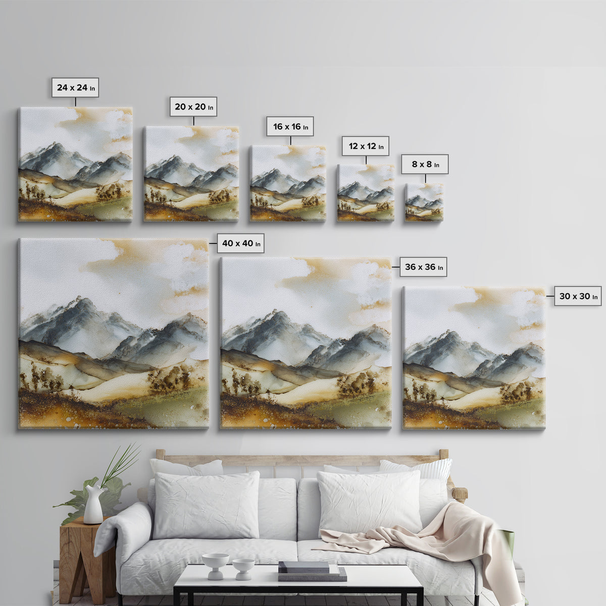 Black Ink Mountain Range Canvas Print, Black and White Art, Textured Painting, Living Room Decor, Watercolor Art, Monochrome, BAW-1x1-98