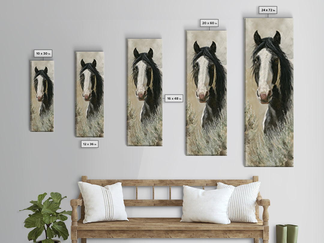 Black and White Wild Horse Portrait Canvas Print, Black and White Art, Art, Living Room Decor, Monochrome, Original Art, BAW-1x3-17