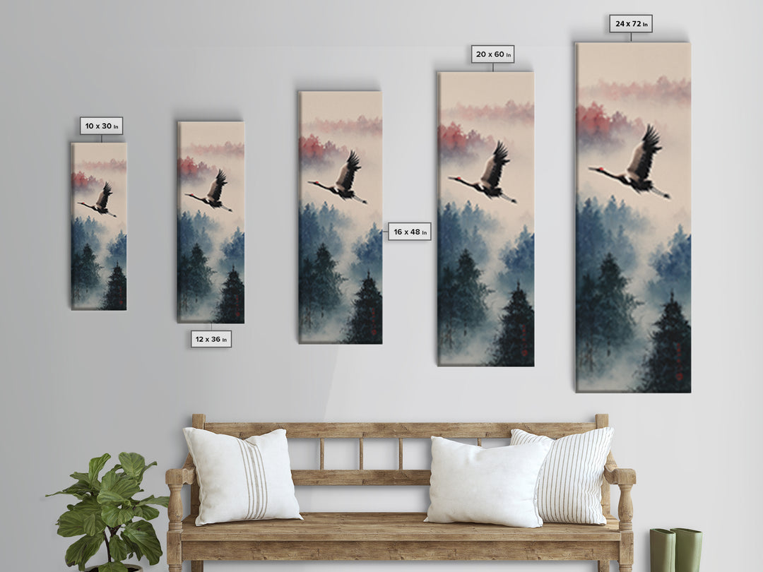 Black Ink Crane Flying Across Empty Sky Canvas Print, Black and White Art, Printable, Living Room Decor, Fine Art, Monochrome, BAW-1x3-25