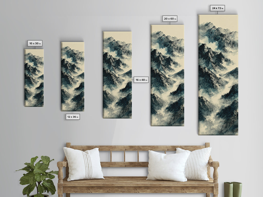 Black Ink Mountain Range Canvas Print, Black and White Art, Gallery Decor, Living Room Decor, Fine Art, Monochrome, Wall Art, BAW-1x3-38