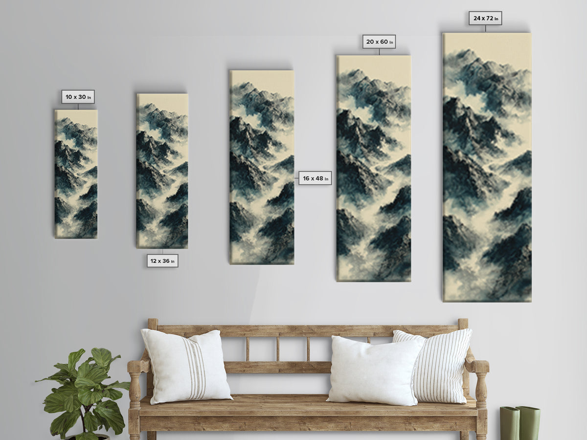 Black Ink Mountain Range Canvas Print, Black and White Art, Gallery Decor, Living Room Decor, Fine Art, Monochrome, Wall Art, BAW-1x3-38