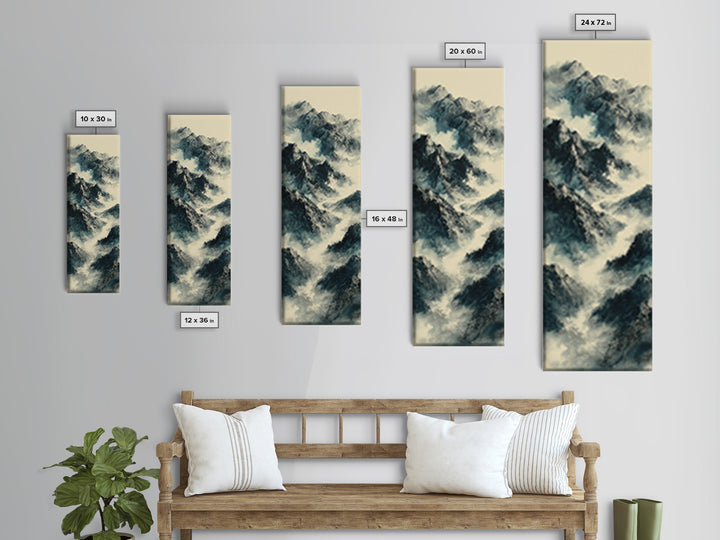 Black Ink Mountain Range Canvas Print, Black and White Art, Gallery Decor, Living Room Decor, Fine Art, Monochrome, Wall Art, BAW-1x3-38