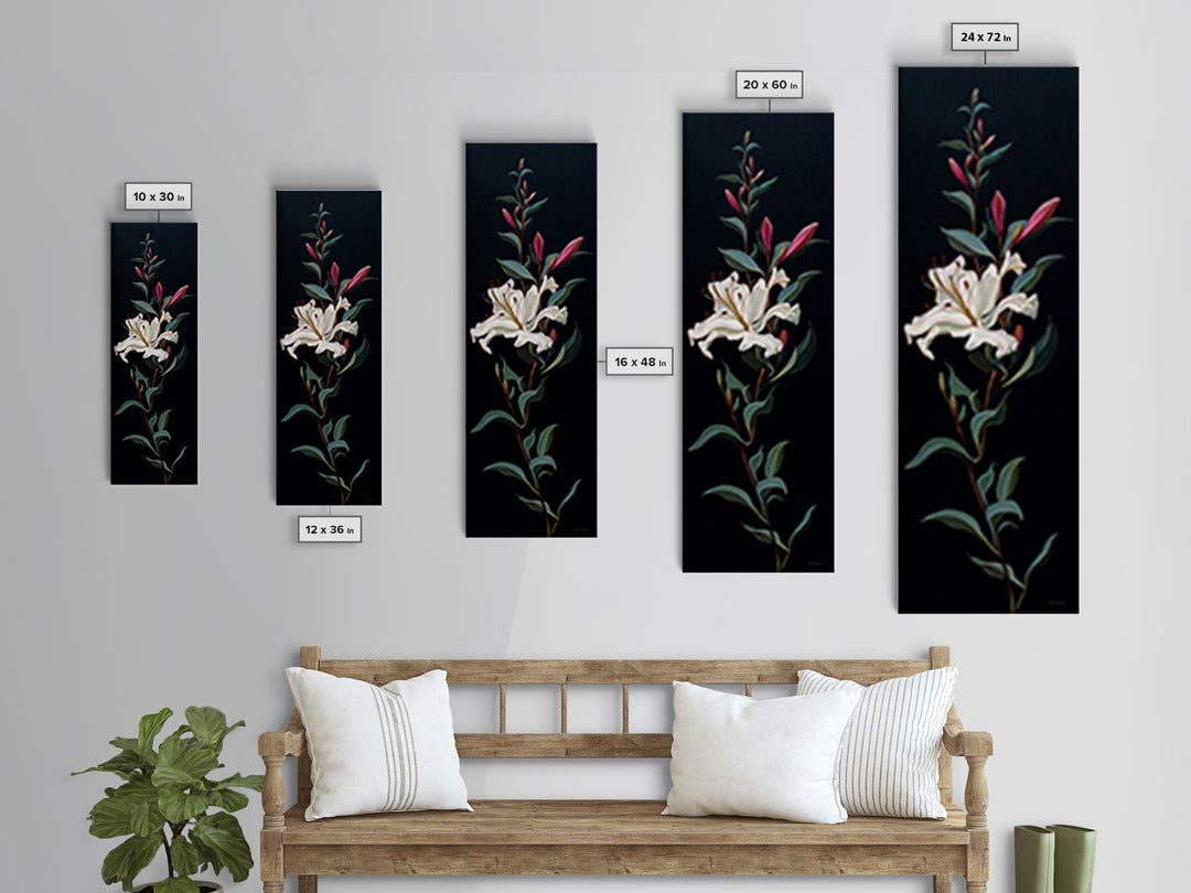 White Flower on Deep Black Background Canvas Print, Black and White Art, Digital Art, Living Room Decor, Watercolor Art, BAW-1x3-48