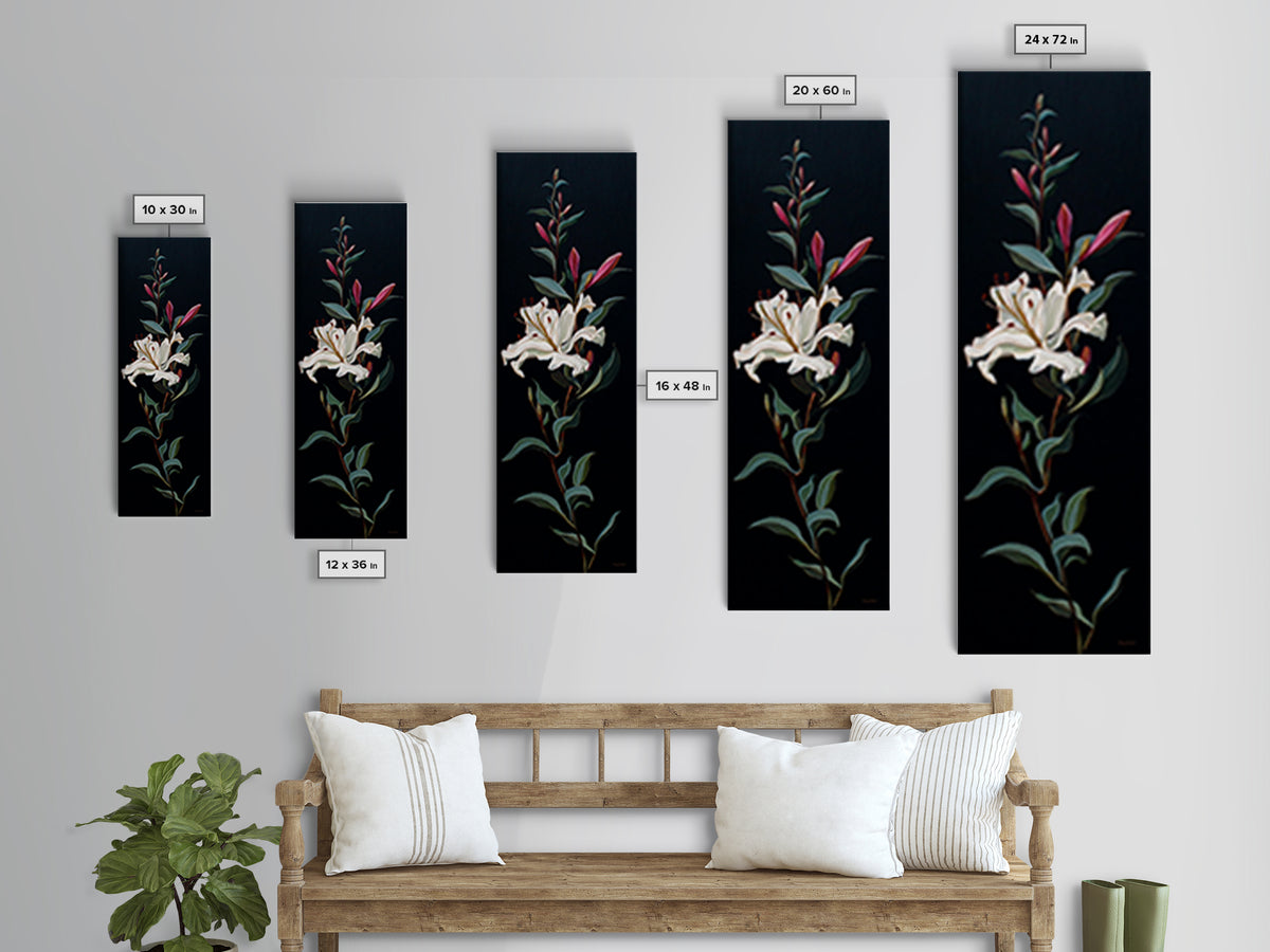 White Flower on Deep Black Background Canvas Print, Black and White Art, Digital Art, Living Room Decor, Watercolor Art, BAW-1x3-48