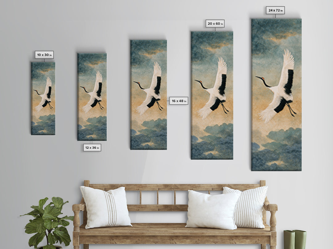 Black Ink Crane Flying Across Empty Sky Canvas Print, Black and White Art, Gothic Decor, Living Room Decor, Monochrome, BAW-1x3-73