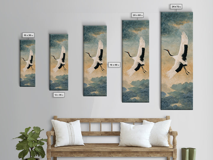 Black Ink Crane Flying Across Empty Sky Canvas Print, Black and White Art, Gothic Decor, Living Room Decor, Monochrome, BAW-1x3-73