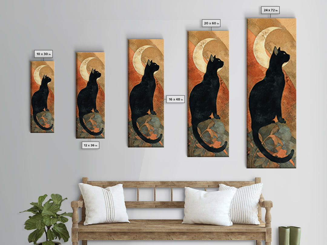 Black Cat Silhouette Framed Canvas Print, Black and White Art, Modern Wall Art, Living Room Decor, Oil Painting, Monochrome, BAW-1x3-76