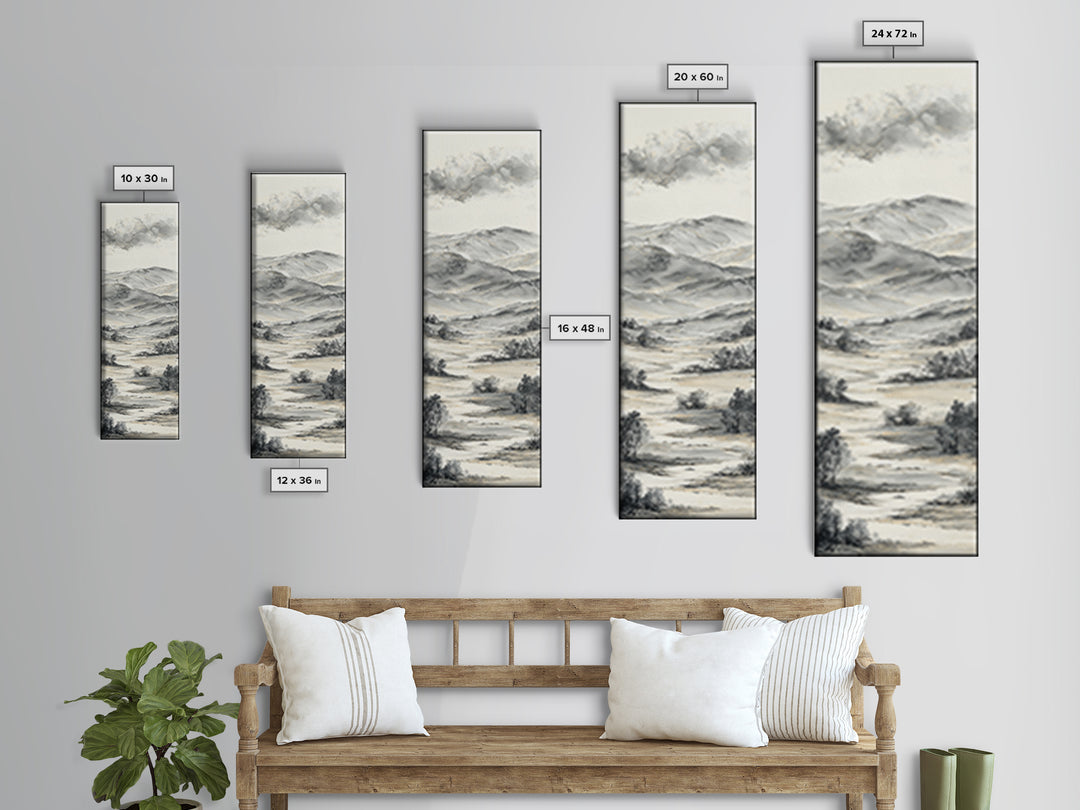 Black Ink Mountain Range Canvas Print, Black and White Art, Contemporary Art, Living Room Decor, Fine Art, Monochrome, BAW-1x3-86
