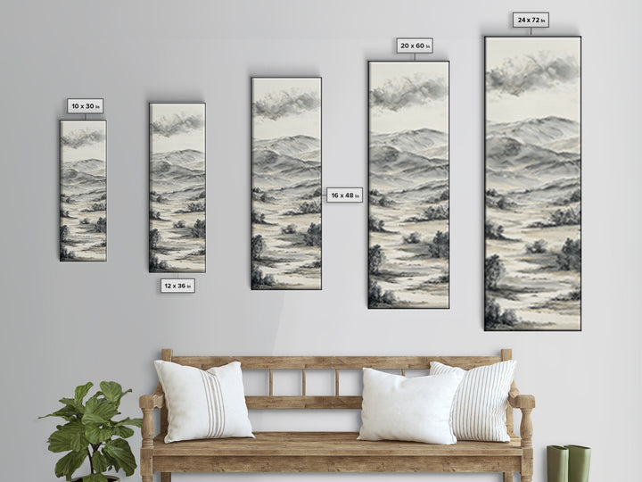 Black Ink Mountain Range Canvas Print, Black and White Art, Contemporary Art, Living Room Decor, Fine Art, Monochrome, BAW-1x3-86