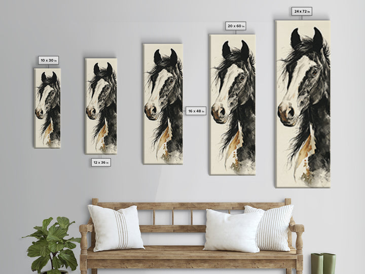 Black and White Wild Horse Portrait Canvas Print, Black and White Art, Cabin Decor, Living Room Decor, Fine Art, Monochrome, BAW-1x3-89