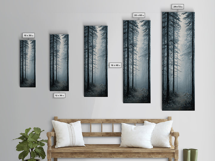 Moody Foggy Forest Framed Canvas Print, Black and White Art, Boho Decor, Living Room Decor, Monochrome, Halloween Decor, BAW-1x3-91