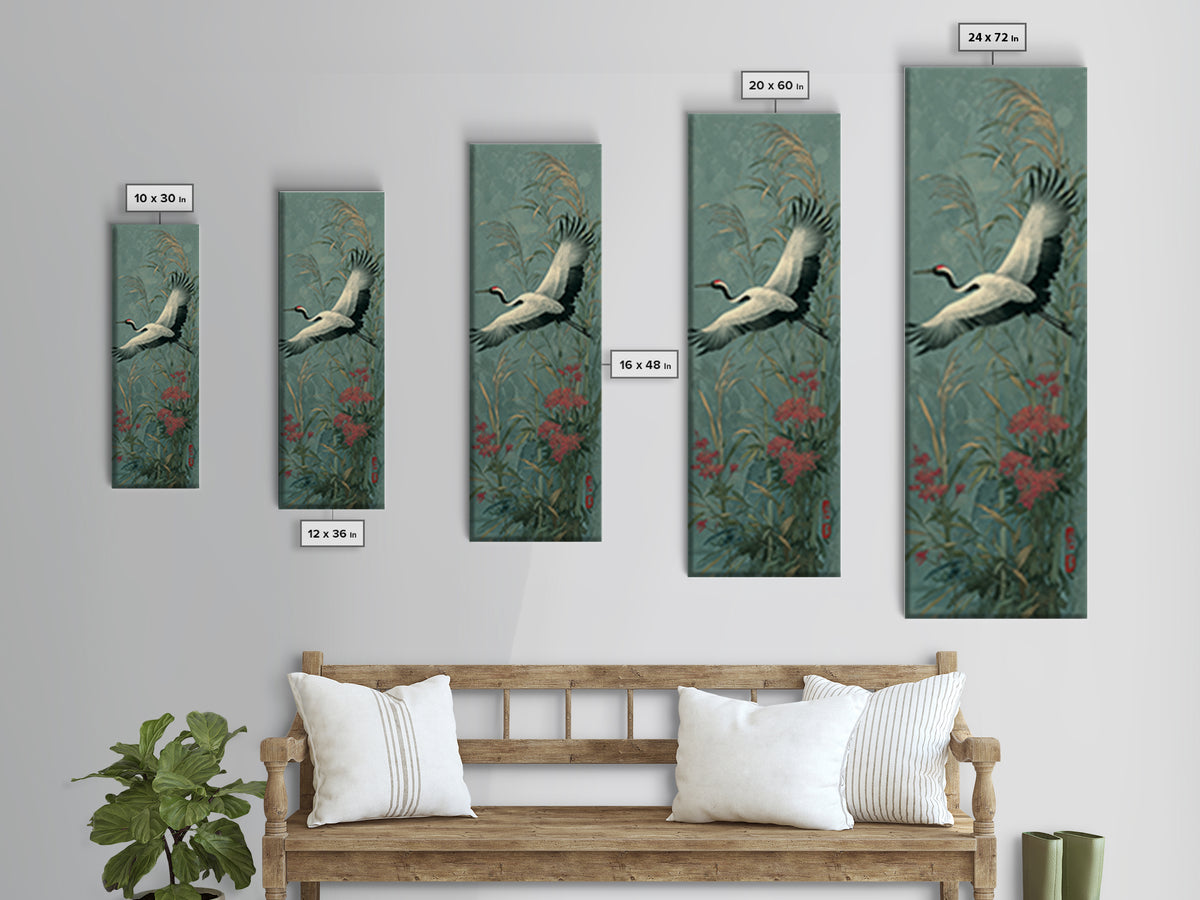 Black Ink Crane Flying Across Empty Sky Canvas Print, Black and White Art, Boho Decor, Living Room Decor, Oil Painting, BAW-1x3-97