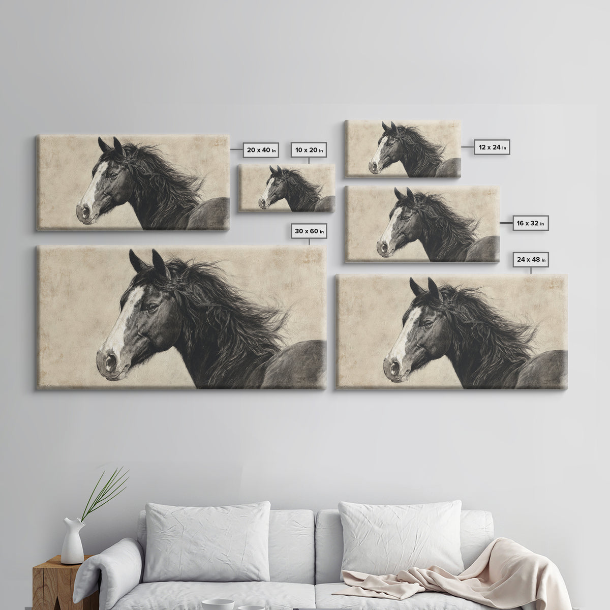 Black and White Wild Horse Portrait Framed Canvas Print, Black and White Art, Art Print, Living Room Decor, Monochrome, BAW-2x1-1