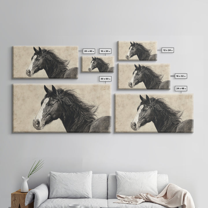 Black and White Wild Horse Portrait Framed Canvas Print, Black and White Art, Art Print, Living Room Decor, Monochrome, BAW-2x1-1