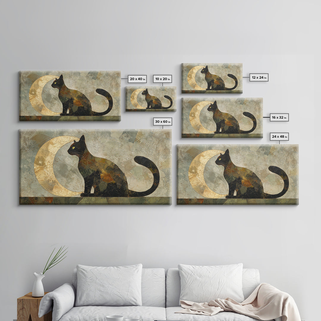 Black Cat Silhouette Framed Canvas Print, Black and White Art, Room Decor, Living Room Decor, Fine Art, Monochrome, Art Print, BAW-2x1-12