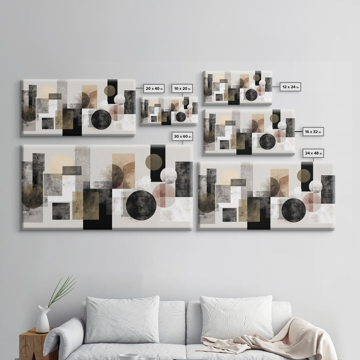 Geometric Bauhaus Grayscale Shapes Framed Canvas Print, Black and White Art, Luxury Decor, Living Room Decor, Abstract Art, BAW-2x1-14
