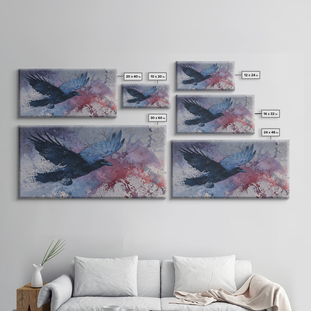 Ink Splatter Raven Composition Framed Canvas Print, Black and White Art, Fine Art Print, Living Room Decor, Monochrome, BAW-2x1-16