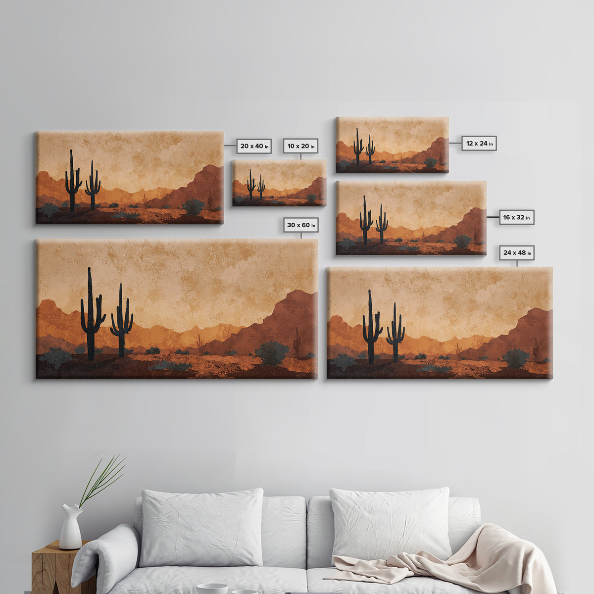 Monochrome Desert Cactus Silhouette Canvas Print, Black and White Art, Print, Living Room Decor, Watercolor Art, Monochrome, BAW-2x1-17