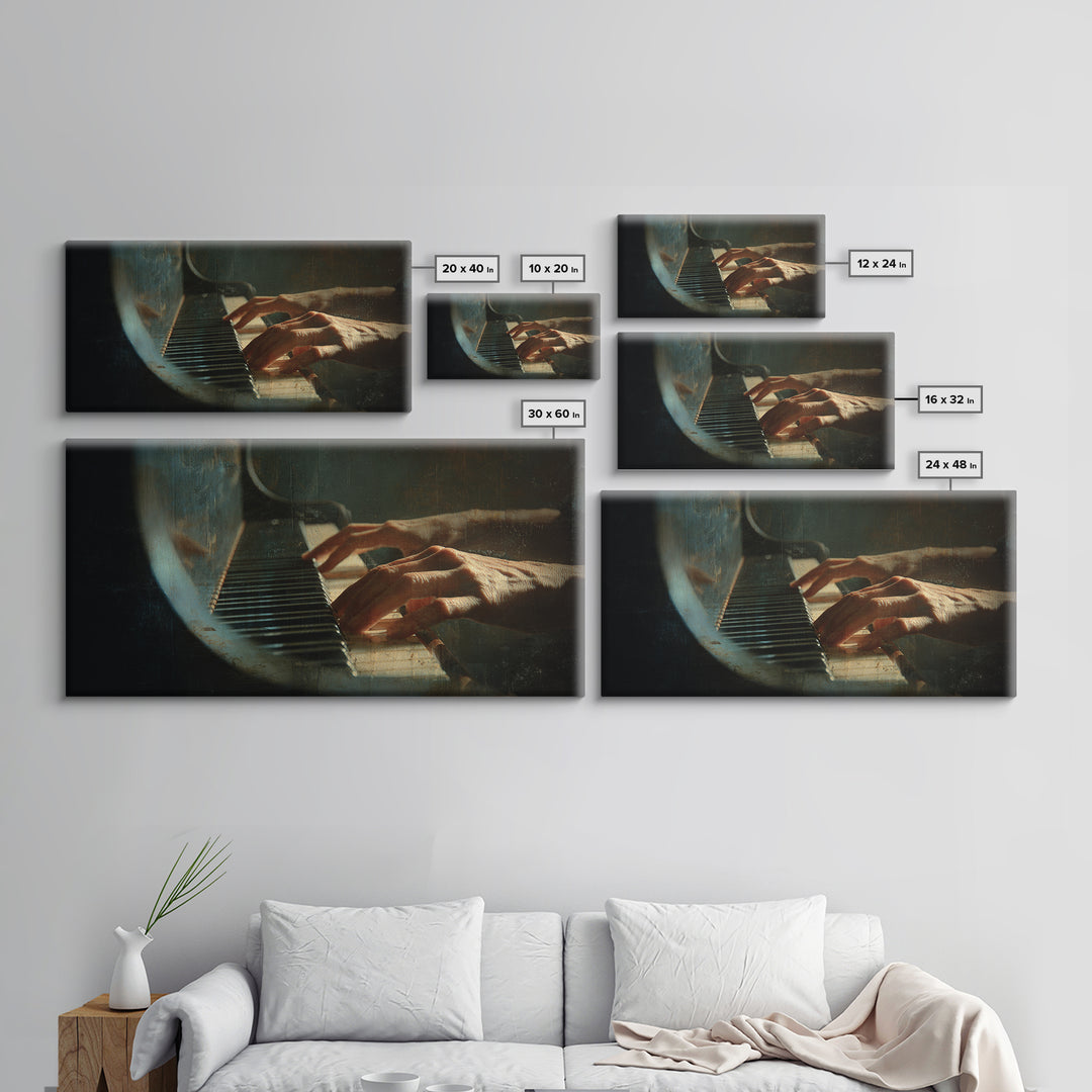 Piano Keys and Hands Framed Canvas Print, Black and White Art, Room Decor, Living Room Decor, Fine Art, Monochrome, Art Print, BAW-2x1-18