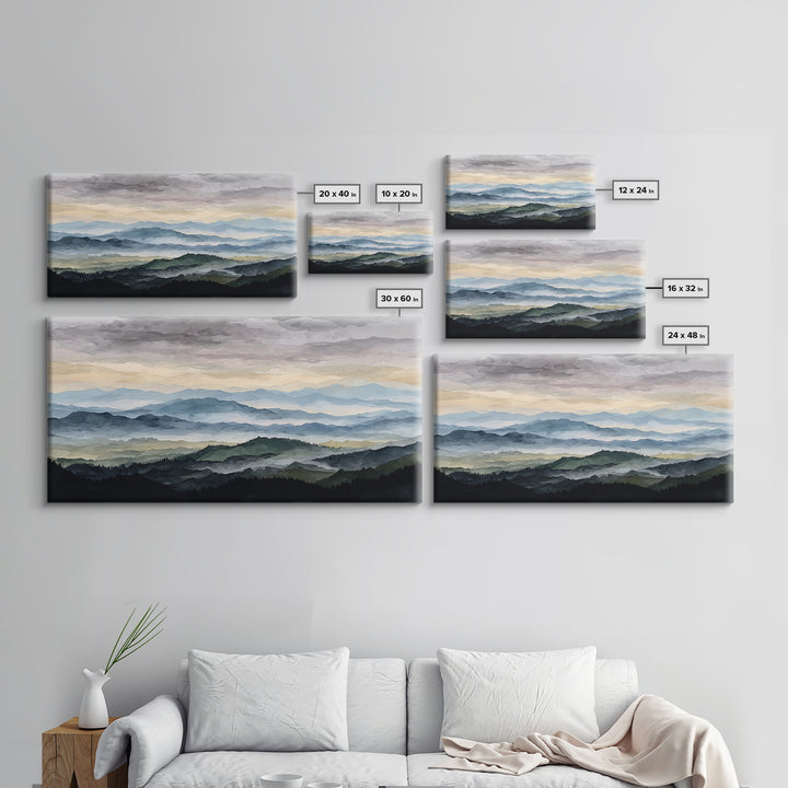 Black Ink Mountain Range Canvas Print, Black and White Art, Textured Painting, Living Room Decor, Watercolor Art, Monochrome, BAW-2x1-22