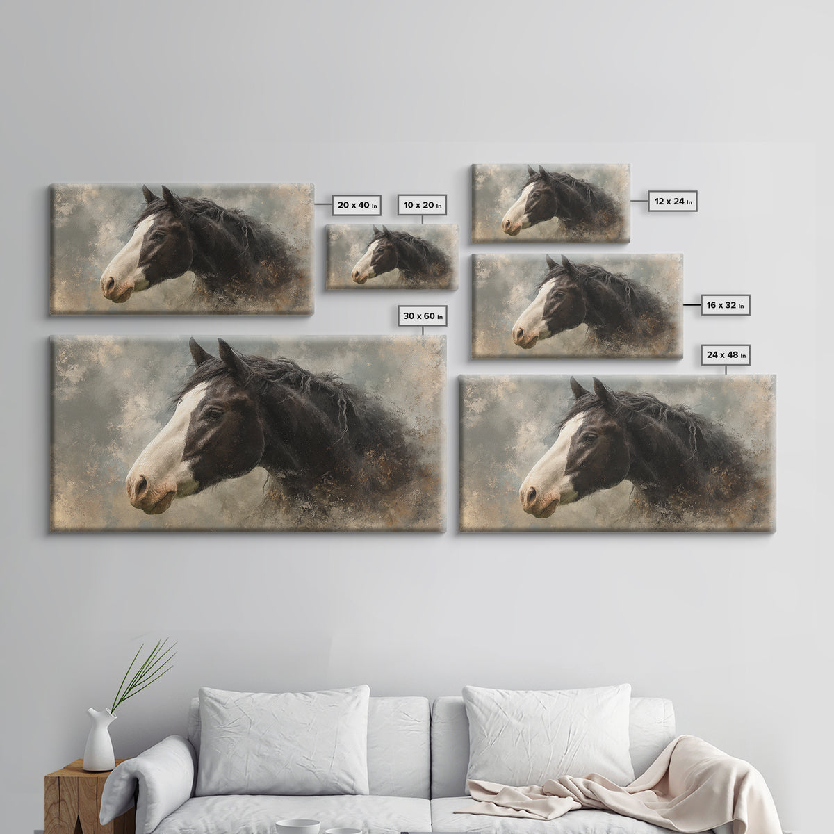 Black and White Wild Horse Portrait Framed Canvas Print, Black and White Art, Art Print, Living Room Decor, Monochrome, BAW-2x1-25